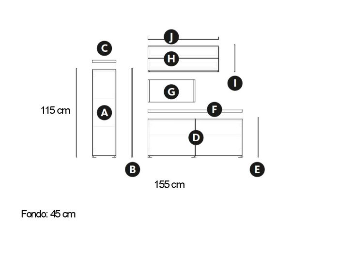Aparador Alto Asimétrico 3 Puertas 2 Cajones Laminado, 155 Cm