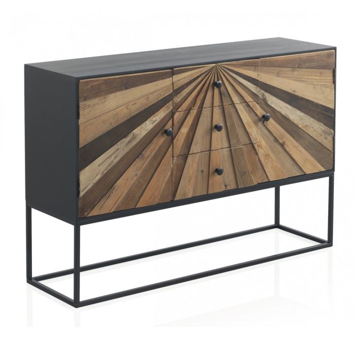 Aparador 2 Puertas 3 Cajones Madera Reciclado Hierro Negro,120 cm