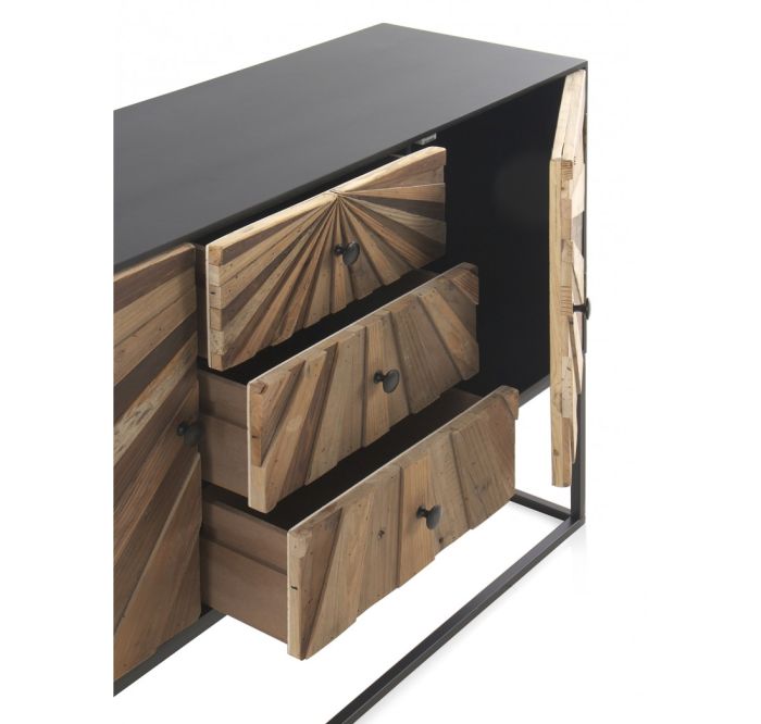 Aparador 2 Puertas 3 Cajones Madera Reciclado Hierro Negro,120 cm
