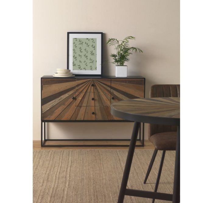 Aparador 2 Puertas 3 Cajones Madera Reciclado Hierro Negro,120 cm