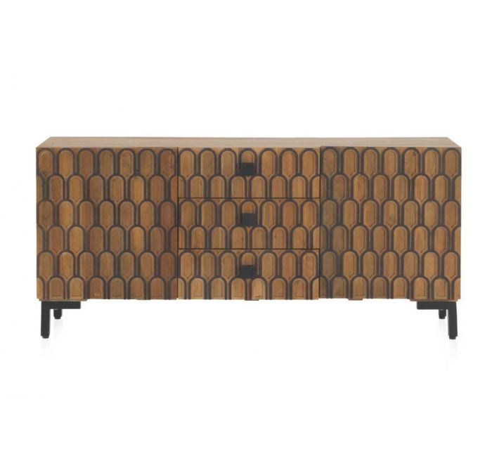 Aparador Geométrico Estilo Étnico Madera Maciza Jamun Patas Metal, 160 Cm