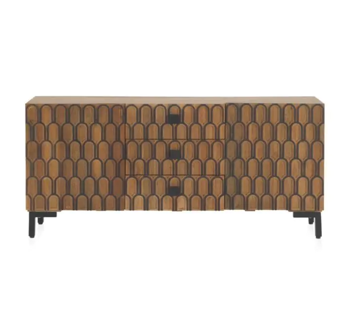 Aparador Geométrico Estilo Étnico Madera Maciza Jamun Patas Metal, 160 Cm