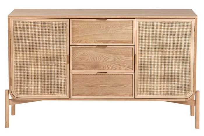 Aparador de madera y ratán natural, 3 cajones 2 puertas