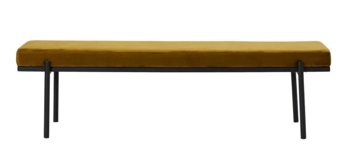 Banco en madera de álamo tapizada en tejido oliva oscuro y estructura de acero negro.