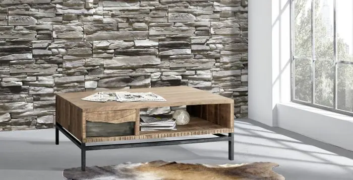Mesa Centro Industrial Madera Hierro Negro