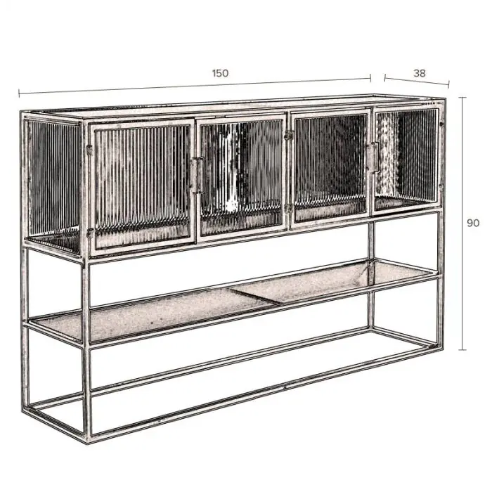 Aparador Industrial Vidrio Hierro Negro, 150 Cm