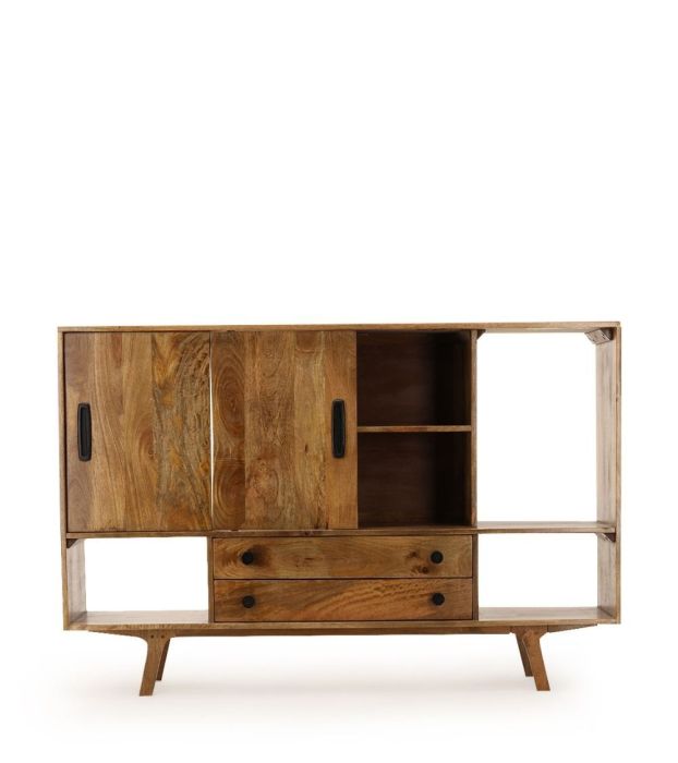 Aparador industrial en madera de mango natural y tiradores de hierro negro.