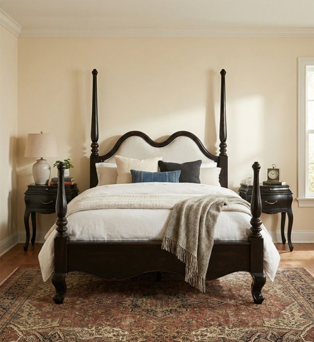 Cama en madera de caoba negra y cabecero en tejido beige 170 cm