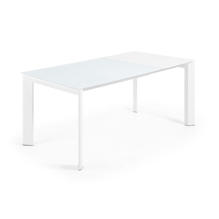 Mesa Comedor Extensible Cristal Blanco Acero, 120/180 Cm