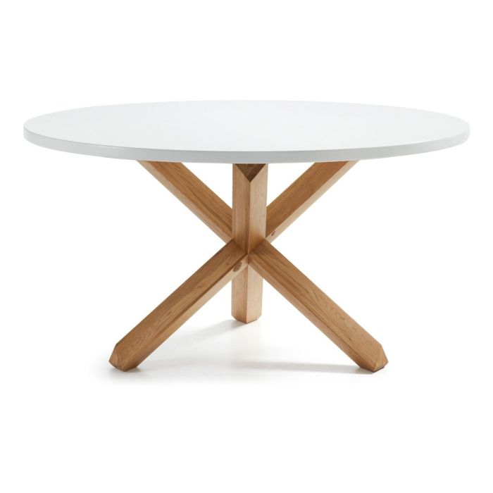 Mesa Redonda Sobre Lacado Blanco Patas Madera Maciza Roble, Ø 120 Cm