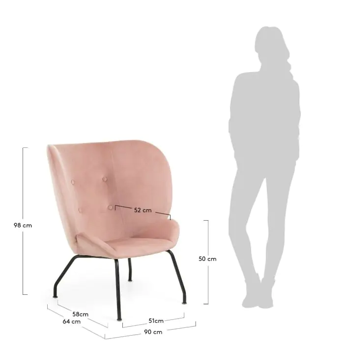 Sillón Contemporáneo Terciopelo Rosa Patas Acero Negro
