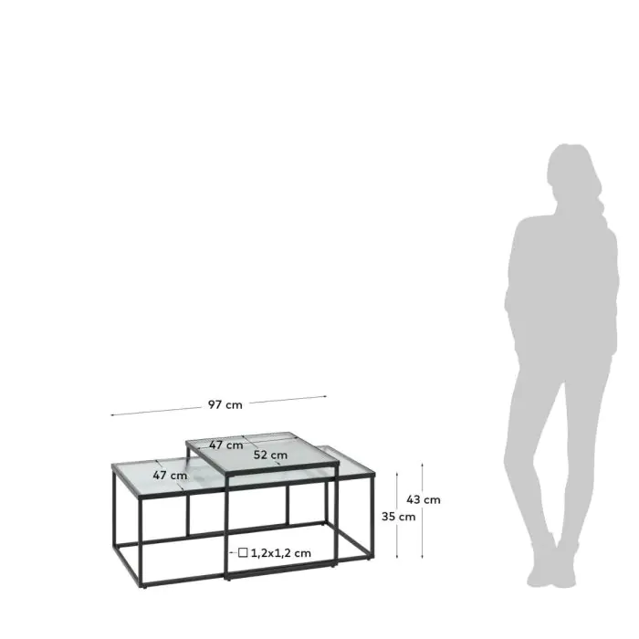 Set 2 Mesas Centro Industrial Metal Cristal 100 Cm