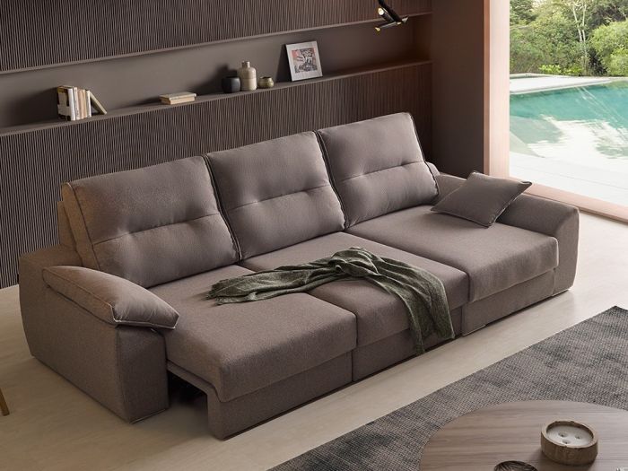 Sofá Chaise Longue Deslizante Sap Derecho Tejido Beige Metal Cromado Estilo Moderno, 292 Cm