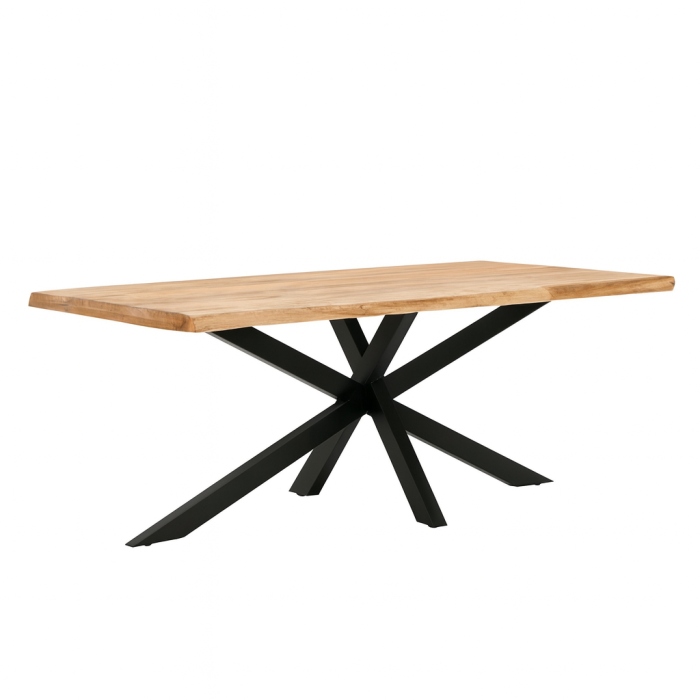 Mesa de comedor industrial en madera de acacia natural con patas de metal negro.