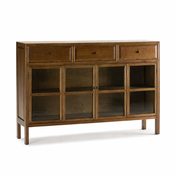 Aparador vintage en madera natural velada y puertas de cristal.