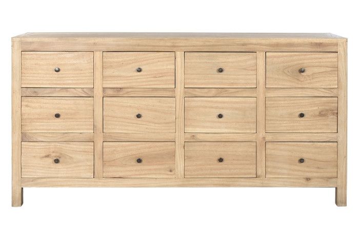 Cómoda en madera de mindi natural con tiradores de hierro.