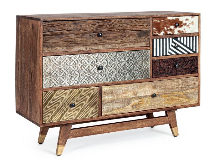 Cómoda en madera de mango marrón con 7 cajones fabricados en madera, piel y metal.