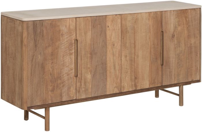 Cómoda en madera de teca reciclada natural y sobre en mortero blanco.