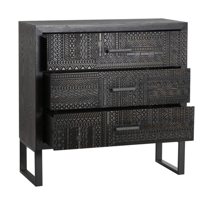 Cómoda Tallada Antrim Gris Negro Madera Fresno Hierro, 80 Cm