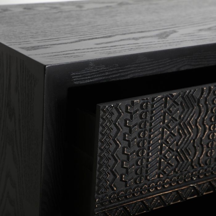 Cómoda Tallada Gris Negro Madera Fresno Hierro, 80 Cm