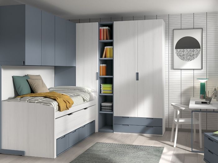 Cama Compacta Juvenil con Puente y Armario Formas F014