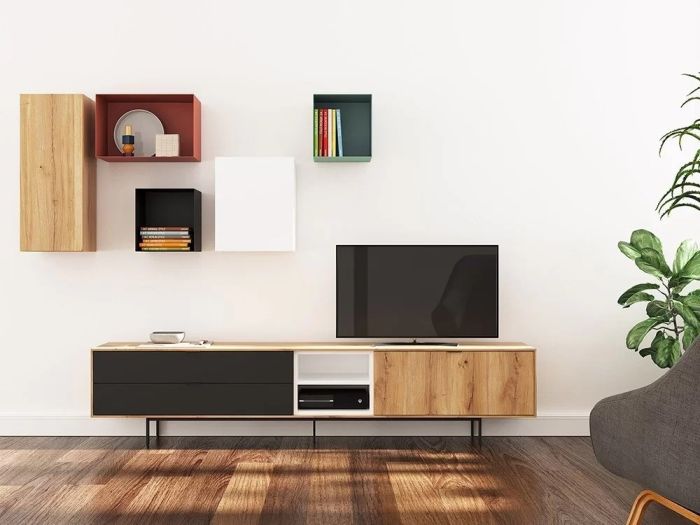 Composición Minimalista Salón con Mueble TV Módulos Colgados, 222 Cm