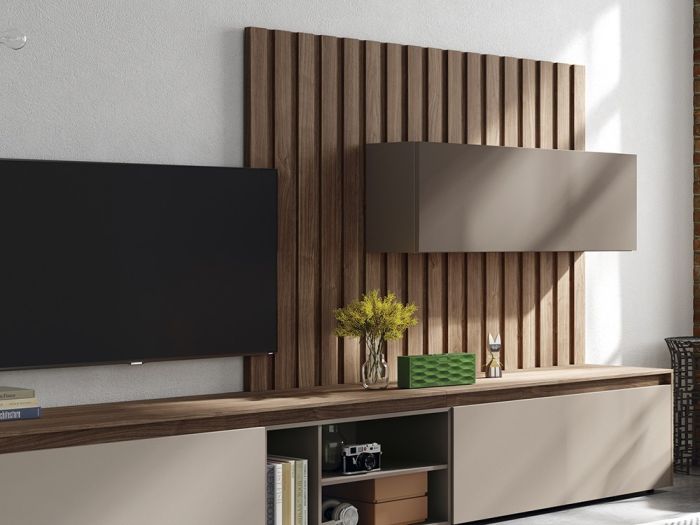 Composición Salón con Mueble Bajo Panel Alistonado Nim color Nogal Arena, 282'4 Cm