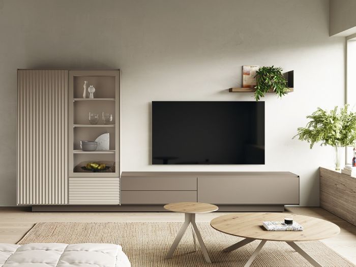 Composición Salón Mueble TV Vitrina Laminado Plisado Addliving