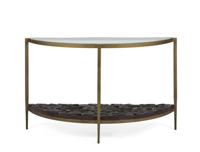 Consola en cristal, metal y madera en tonos negro y dorado 126 cm