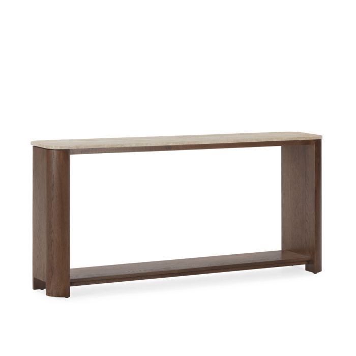 Consola en madera de roble marrón y sobre de mármol travertino crema 181 cm