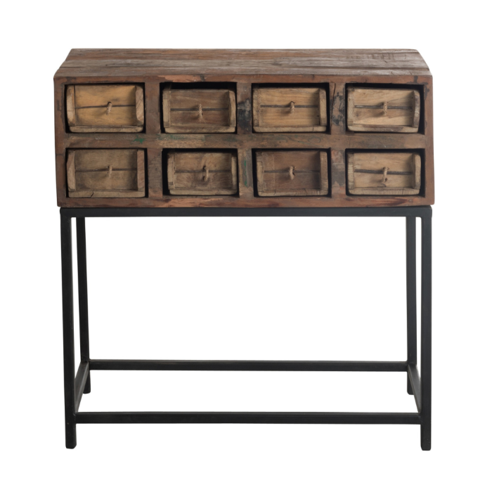 Consola nórdica moderna en madera reciclada marrón y base metálica negra.