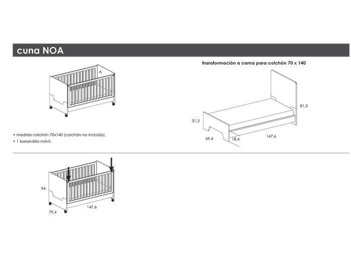 Cuna Convertible Con Ruedas Madera Blanco, 147'6 Cm