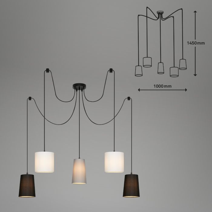Lámpara Techo 5 Focos Metal Tejido Negro Blanco, 145 Cm