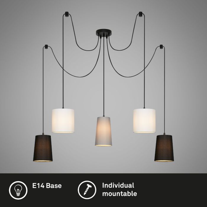 Lámpara Techo 5 Focos Metal Tejido Negro Blanco, 145 Cm
