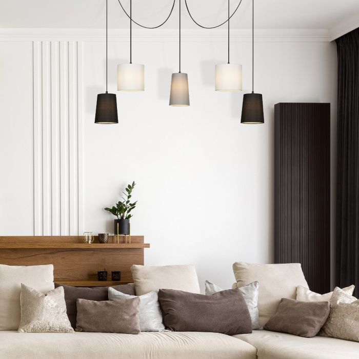 Lámpara Techo 5 Focos Metal Tejido Negro Blanco, 145 Cm