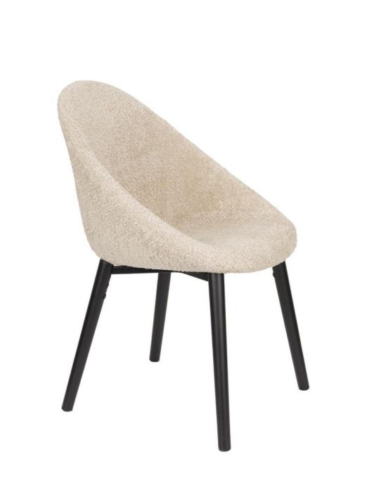 Silla nórdica moderna en madera de haya tapizado en tejido tipo borreguito beige y patas de hierro negro.