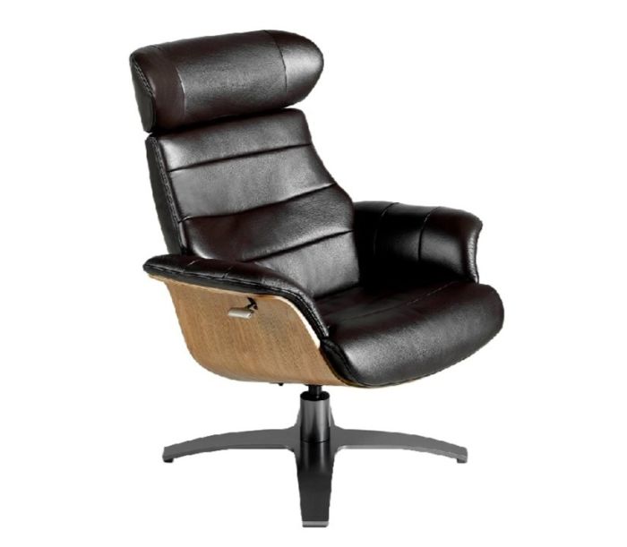 Sillón Giratorio Relax Estilo Moderno Cuero Negro Madera Chapada Nogal Acero, 79 Cm