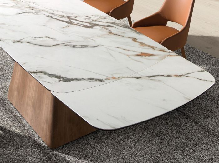 Mesa Comedor Extensible Mármol Porcelánico Blanco Mate Nogal, 180/260 Cm