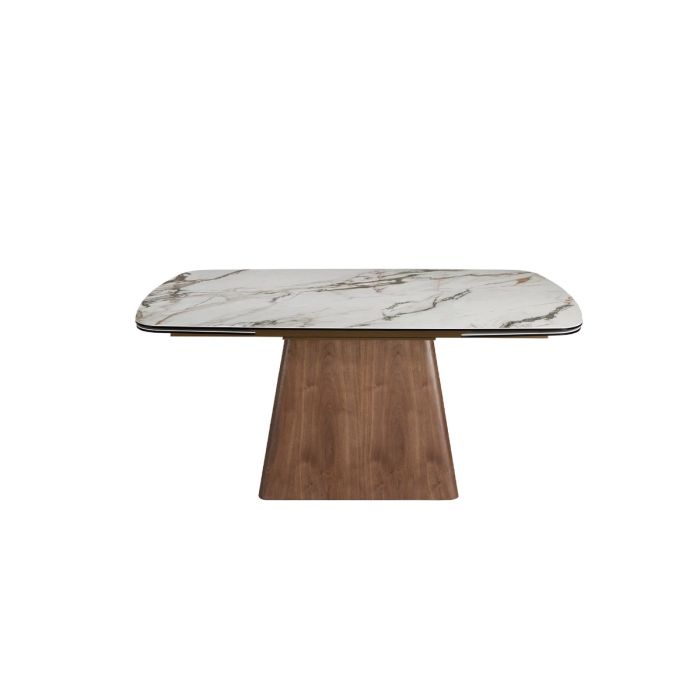 Mesa Comedor Extensible Mármol Porcelánico Blanco Mate Nogal, 180/260 Cm
