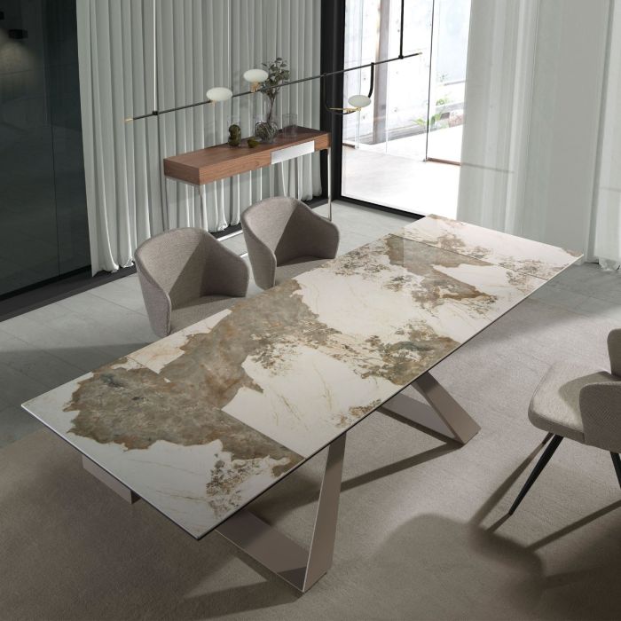 Mesa Comedor Extensible Rectangular Mármol Porcelánico Acero Color Champagne, 160/240 Cm