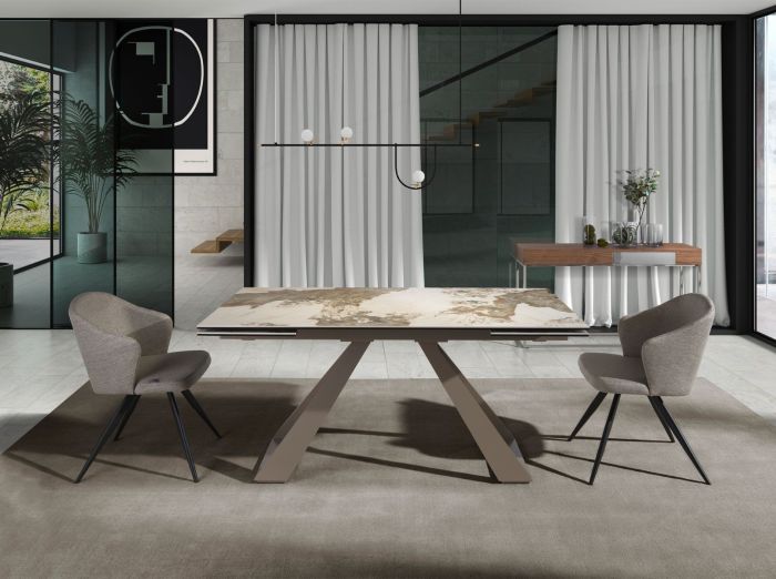Mesa Comedor Extensible Rectangular Mármol Porcelánico Acero Color Champagne, 160/240 Cm