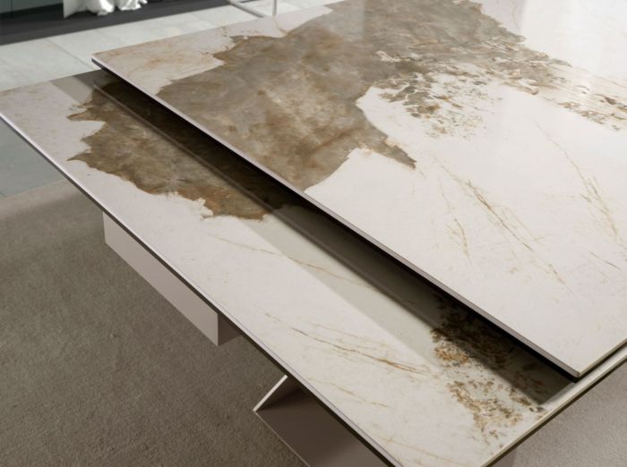 Mesa Comedor Extensible Rectangular Mármol Porcelánico Acero Color Champagne, 160/240 Cm