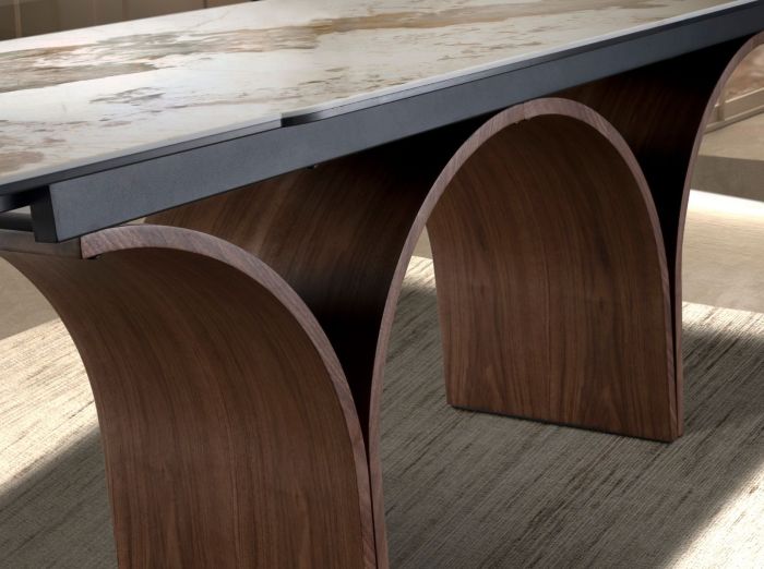 Mesa Comedor Extensible Mármol Porcelánico Acero Efecto Nogal, 180/260 Cm