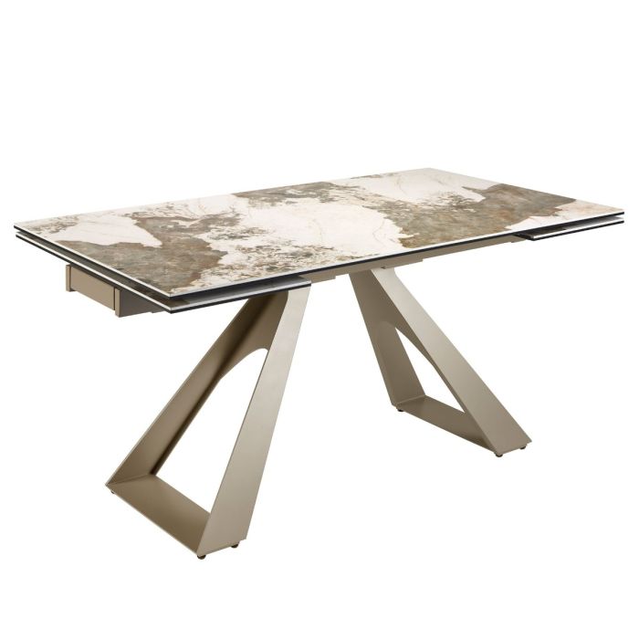 Mesa Comedor Extensible Rectangular Mármol Porcelánico Acero Color Champagne, 160/240 Cm
