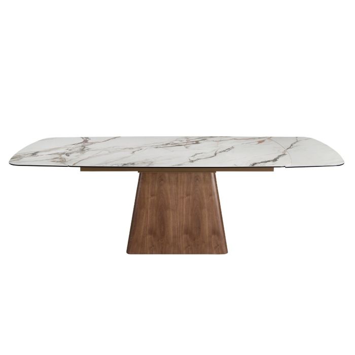 Mesa Comedor Extensible Mármol Porcelánico Blanco Mate Nogal, 180/260 Cm