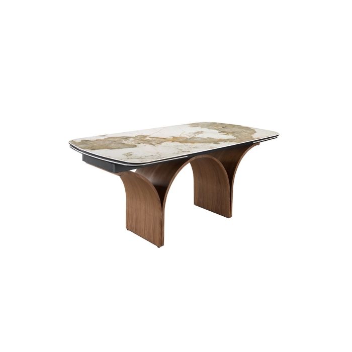 Mesa Comedor Extensible Mármol Porcelánico Acero Efecto Nogal, 180/260 Cm