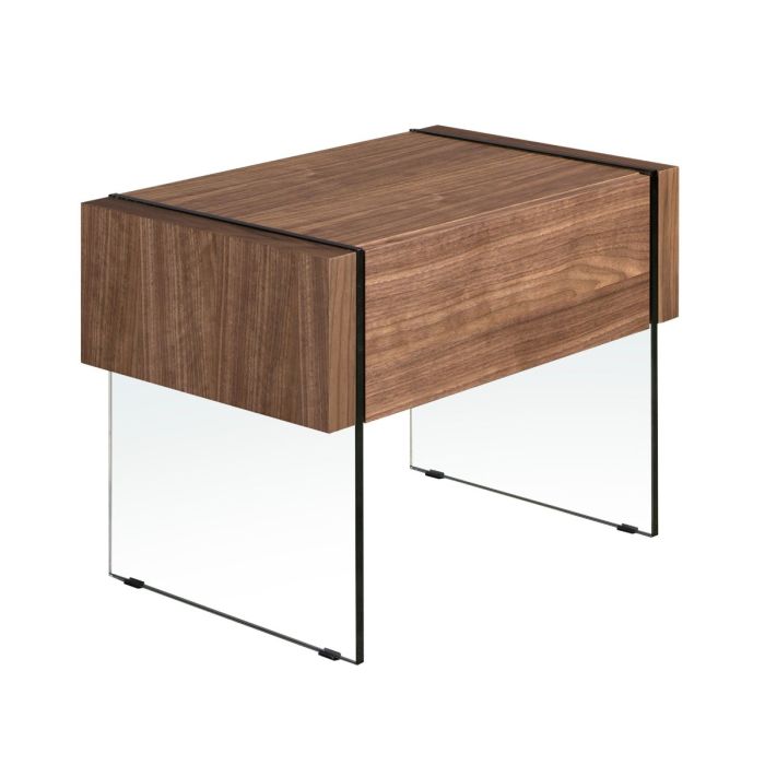 Mesita de Noche Chapa Nogal Patas Cristal Templado, 58 Cm