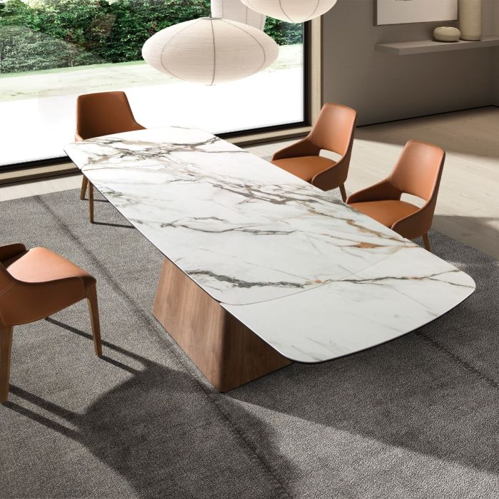 Mesa Comedor Extensible Mármol Porcelánico Blanco Mate Nogal, 180/260 Cm