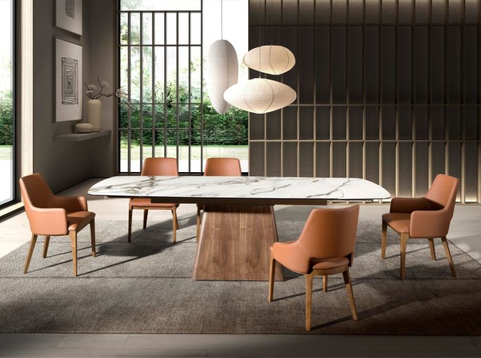 Mesa Comedor Extensible Mármol Porcelánico Blanco Mate Nogal, 180/260 Cm