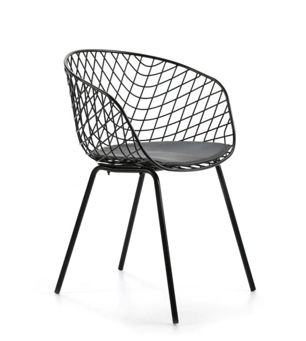 Silla industrial moderna en metal con cojín negro.